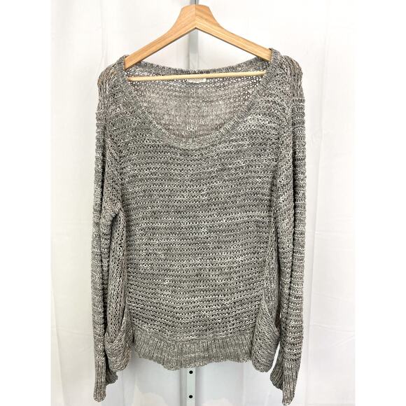 EILEEN FISHER L Open Knit Pullover Sweater Scoop Neck Pockets Cotton Nylon Gray - Picture 1 of 8